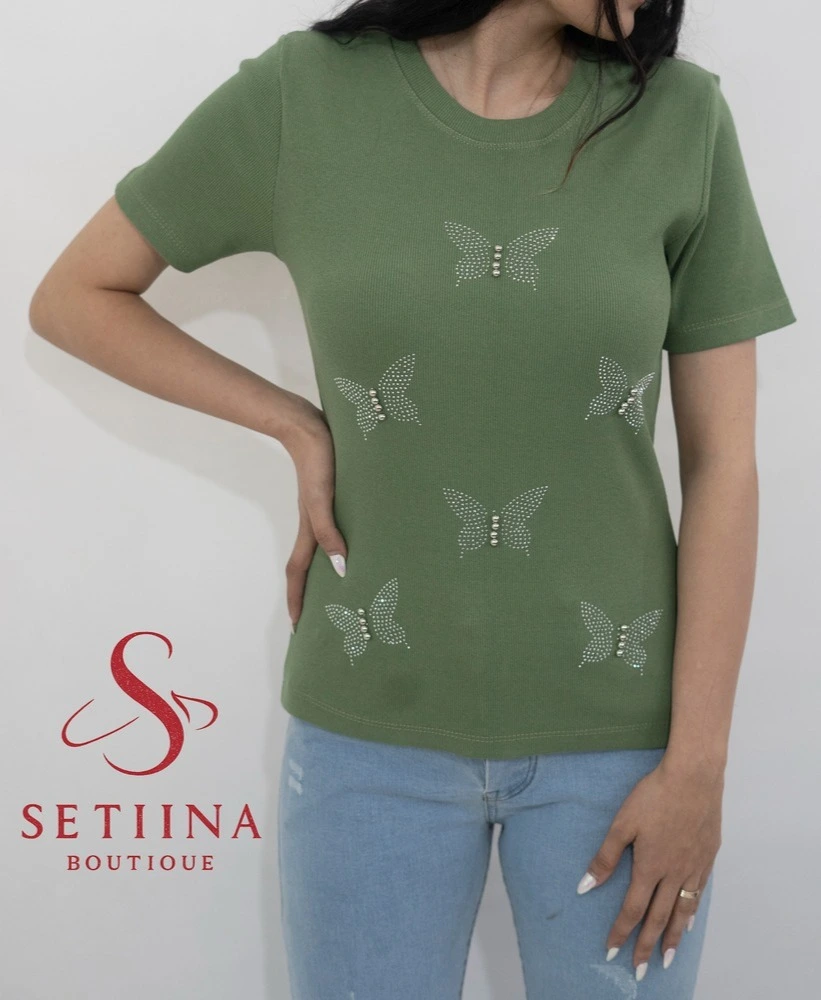 تیشرت کبریتی طرح پروانه زنانه | ستینا بوتیک 3 آستین تیشرت کبریتی طرح پروانه زنانه